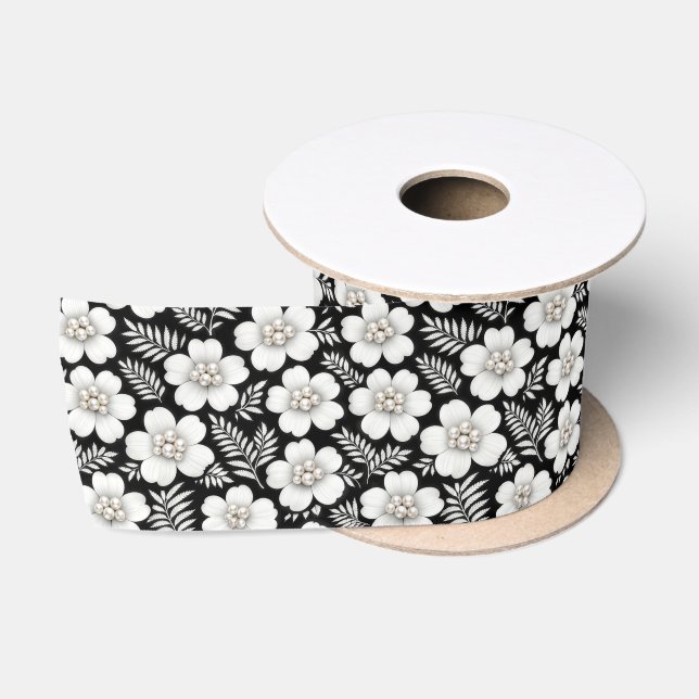 Ruban En Satin Perles blanches sur motif floral (Bobine)
