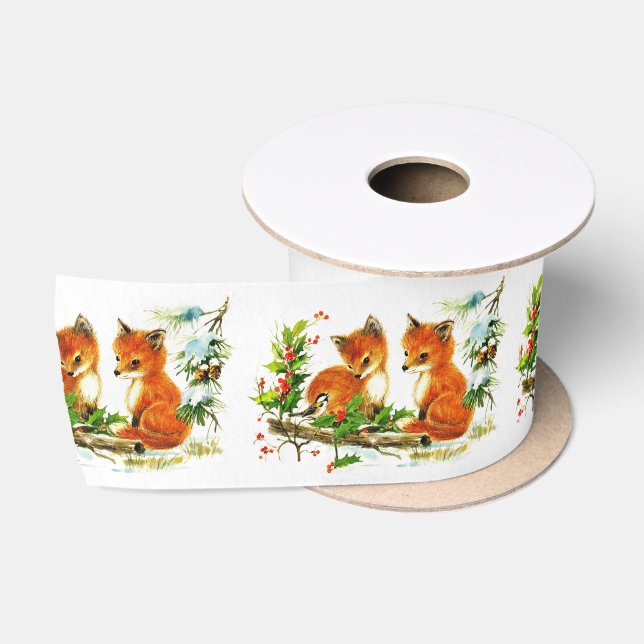 Ruban En Satin Petits renards et poulet dans la neige (Bobine)