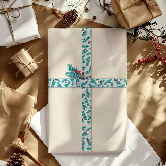 Ruban En Satin Pine Twigs et Red Berries Motif de Noël Blanc (Créateur téléchargé)