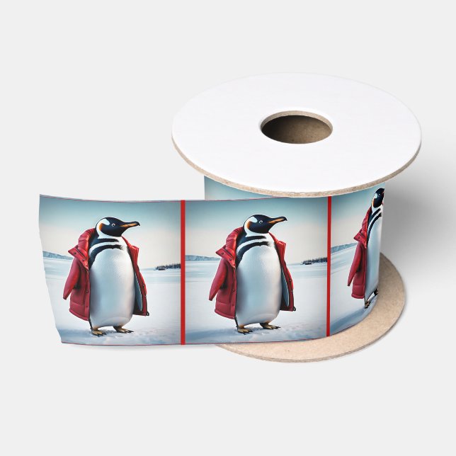 Ruban En Satin Pingouin de Noël avec manteau rouge (Bobine)