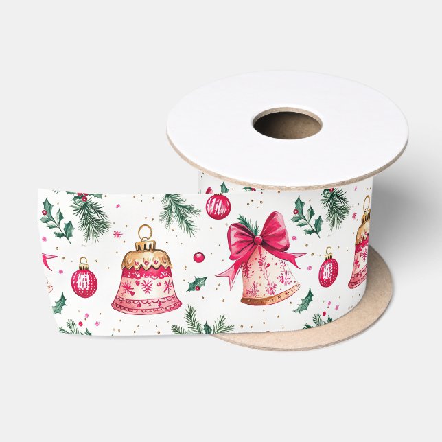 Ruban En Satin Pink Bows Gold Bells Christmas Ribon (Bobine)