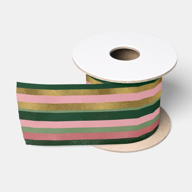 Ruban En Satin Pink Gold Green Stripes Noël (Bobine)