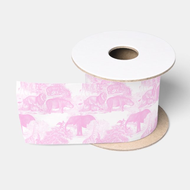 Ruban En Satin Pink Toile Jungle Animaux Safari Chinoiserie (Bobine)
