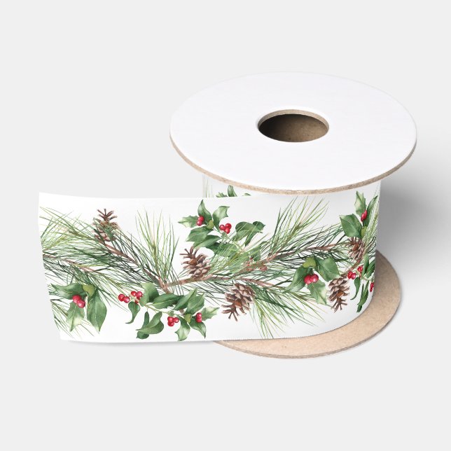 Ruban En Satin Pins de Noël et Baies sèches (Bobine)