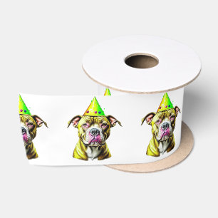 Ruban En Satin Pitbull avec chapeau d'anniversaire 