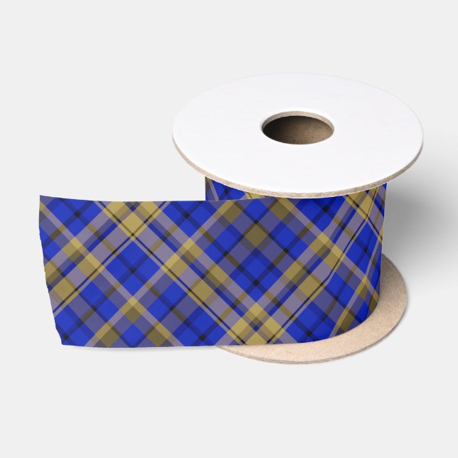 Ruban En Satin Plaque de tartan bleu et jaune (Bobine)