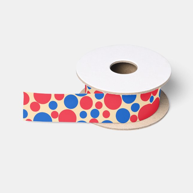 Ruban En Satin Points Rouge Et Bleu Sur Tan (Bobine)