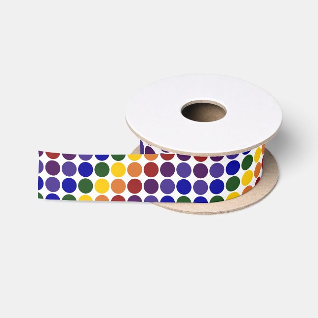 Ruban En Satin Pois arc-en-ciel en blanc (Bobine)