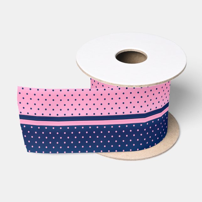 Ruban En Satin Pois roses et bleu marine (Bobine)