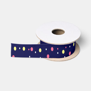 Ruban En Satin Pois roses et jaunes sur bleu marine