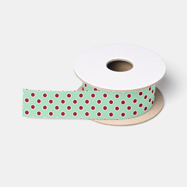Ruban En Satin Pois rouges foncés sur ruban vert menthe (Bobine)