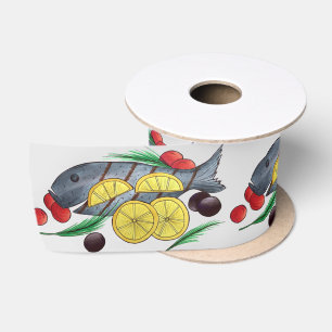 Ruban En Satin Poisson Grillé Grec Fruits de mer Méditerranéens