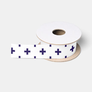 Ruban En Satin Polka bleu marine croise sur blanc