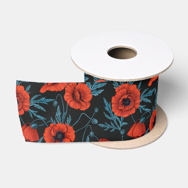 Ruban En Satin Poppies, rouge et bleu sur noir (Bobine)