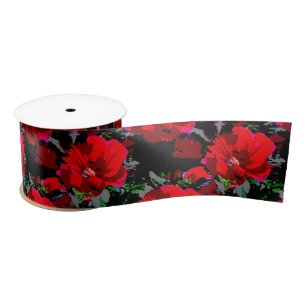 Ruban En Satin Poppy Red Retro Floral Design
