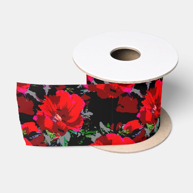 Ruban En Satin Poppy Red Retro Floral Design (Bobine)