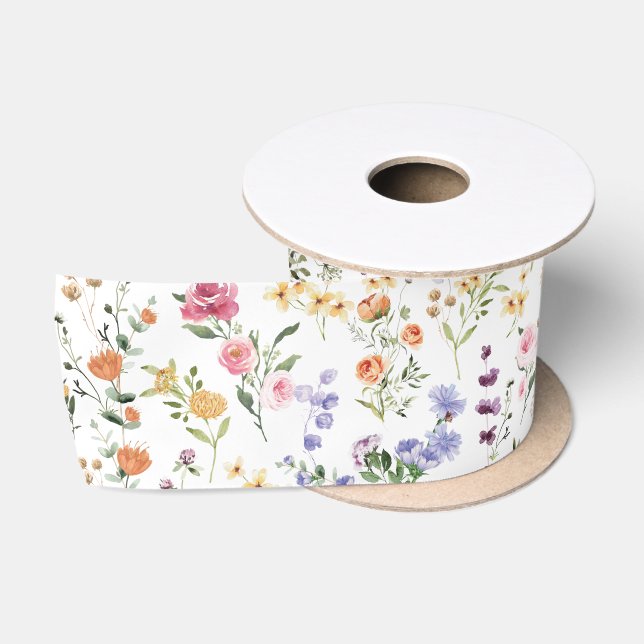 Ruban En Satin Prairie fleurie de fleurs sauvages printanières et (Bobine)