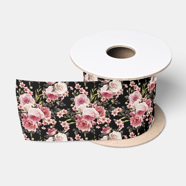 Ruban En Satin Profusion rose - Arrière - plan noir (Bobine)