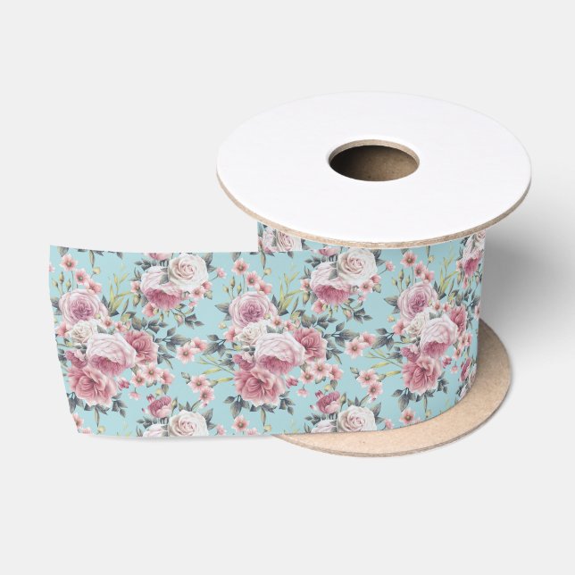 Ruban En Satin Profusion rose - Arrière - plan Turquoise (Bobine)