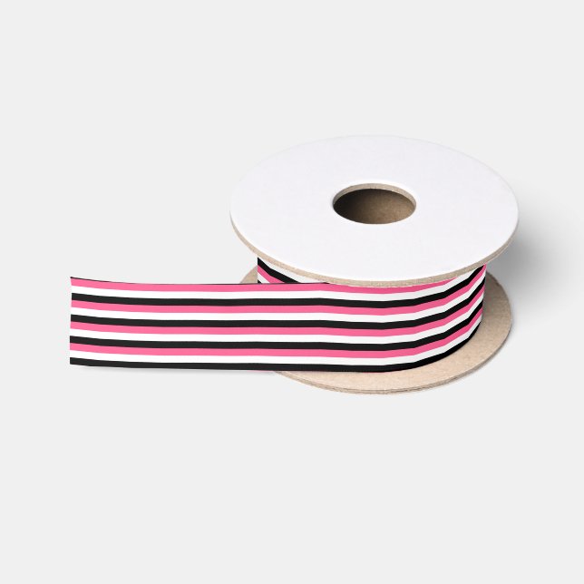 Ruban En Satin Rayures de rose indien, blanches et noires (Bobine)