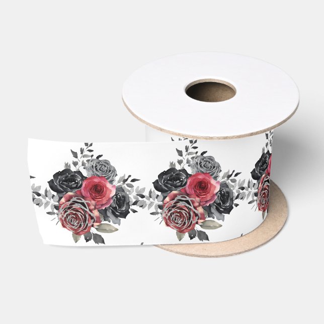 Ruban En Satin Red and Silver Elegant Flowers  (Bobine)