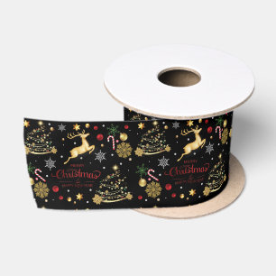 Ruban En Satin Red Gold Reindeer Joyeux sapin de Noël