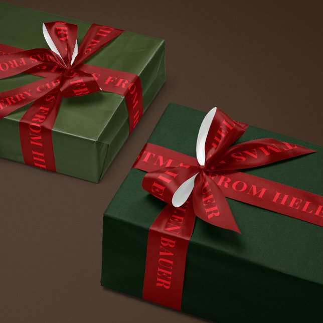 Ruban En Satin Red on Burgundy Simple Text Merry Christmas Gift (personalized burgundy red and bright red Merry Christmas gift ribbon with custom name text)