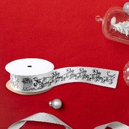 Ruban En Satin Retro Vintage Santa Claus Sleigh Reindees Blanc