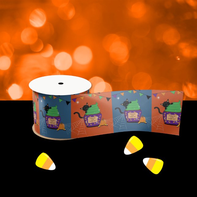 Ruban En Satin Ribbon d'Halloween Cute Orange et Bleu Chat Noir (Cute Orange and Blue Black Cat Halloween Ribbon .)