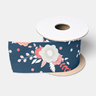 Ruban En Satin Rose Blanc Floral Bleu Marine