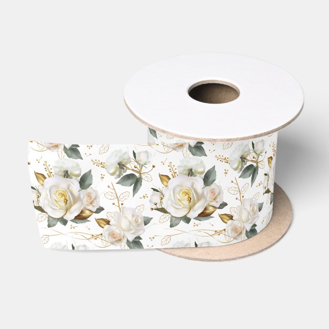 Ruban En Satin Rose blanche or romantique Floral (Bobine)