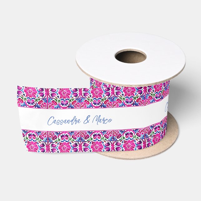 Ruban En Satin Rose bleu mexicain tuiles personnalisées nom cadea (Bobine)