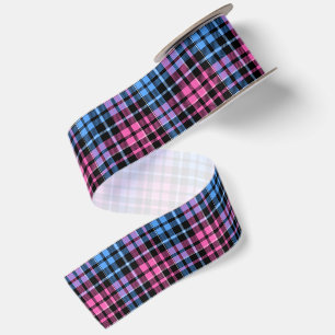 Ruban En Satin Rose et bleu sur motif carreaux tartan noir