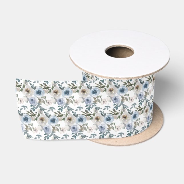 Ruban En Satin Roses aquarelles bleues et blanches de mariage  (Bobine)