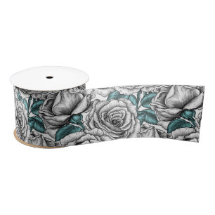 Ruban En Satin Roses blanches avec feuilles bleus
