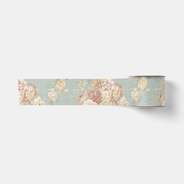 Ruban En Satin Roses blanches et roses sur fond bleu (Devant)