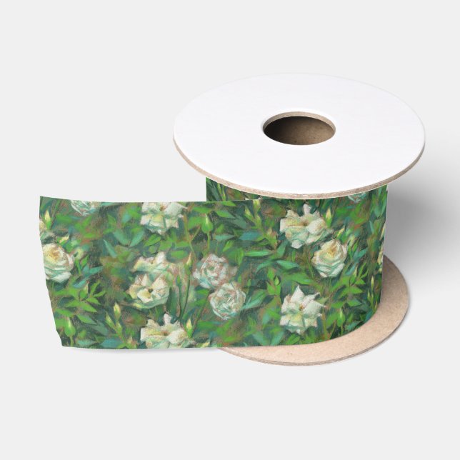 Ruban En Satin "Roses blanches, feuilles verts", motif botanique (Bobine)