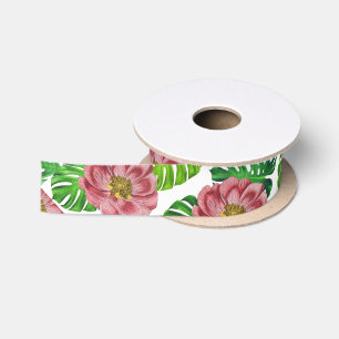 Ruban En Satin Roses et motif de feuille de Monstera