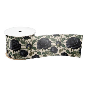 Ruban En Satin Roses Noirs Et Feuilles Verts,