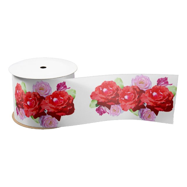 Ruban En Satin Roses Roses Roses Et Rouges, (Bobine)