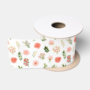 Ruban En Satin Roses rouges corail et motif de feuillage