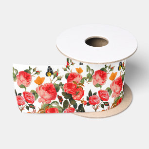 Ruban En Satin ROSES ROUGES ET PAPILLONS JAUNES Fleur blanche