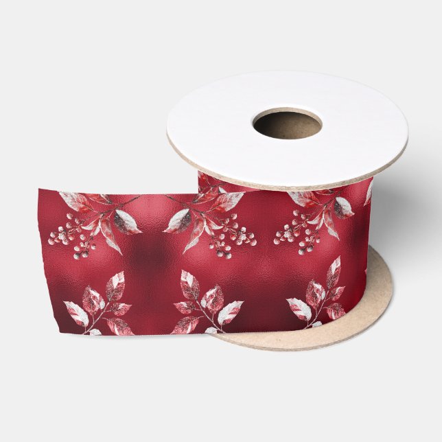 Ruban En Satin Rouge neige Feuilles Noël Satin ruban (Bobine)
