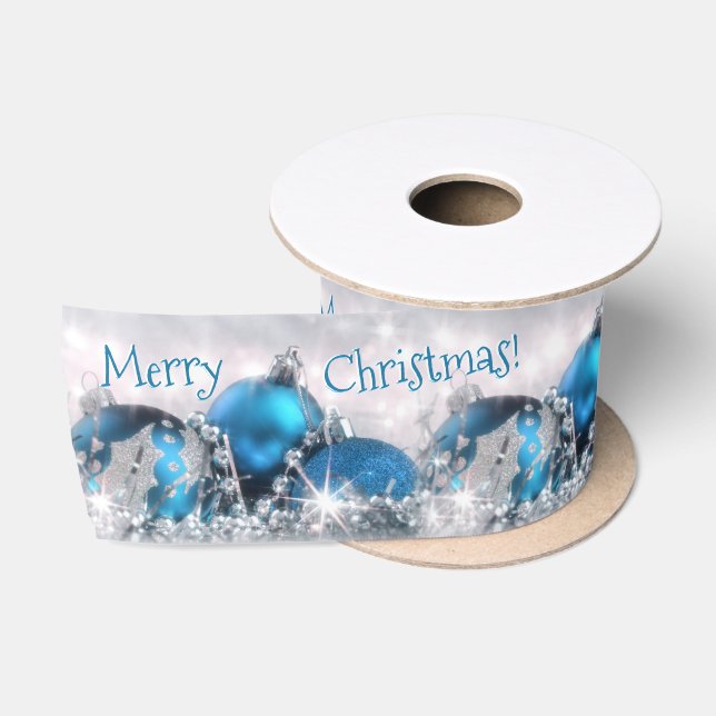 Ruban En Satin Ruban bleu et argenté de satin de Joyeux Noël (Bobine)