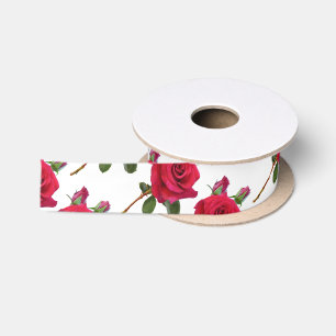 Ruban En Satin Ruban de mariage blanc à motif de rose rouge