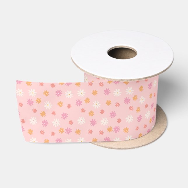 Ruban En Satin Ruban floral à marguerites rétro rose et orange (Bobine)