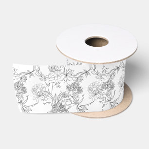 Ruban En Satin Ruban - Modèle floral noir et blanc
