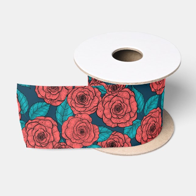 Ruban En Satin Ruban satiné aux roses rouges (Bobine)
