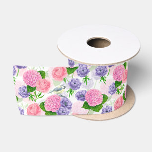 Ruban En Satin Ruban satiné Tit oiseau et fleurs