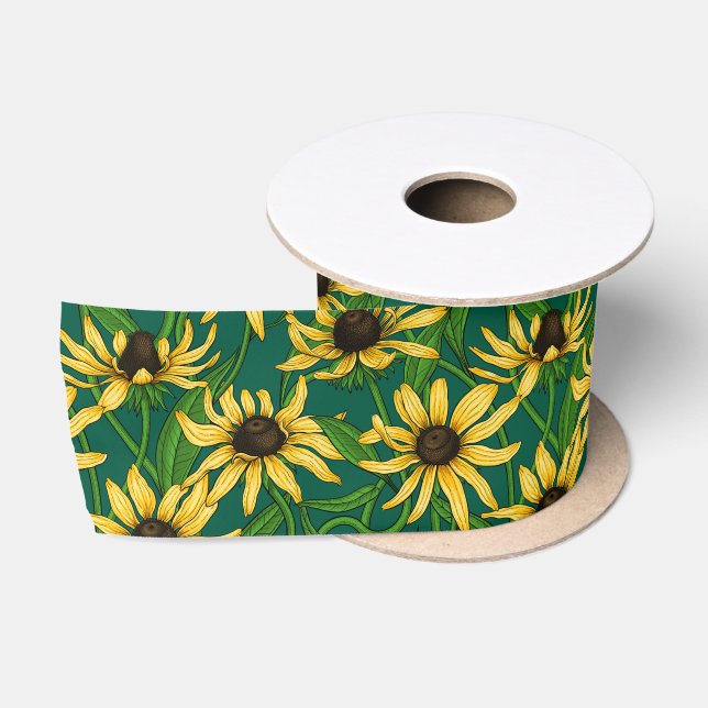 Ruban En Satin Rudbekia jaune sur vert foncé (Bobine)
